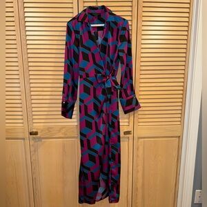 House of Harlow 1960 Blue and Pink Long-Sleeve Geometric Wrap Dress, Size XS